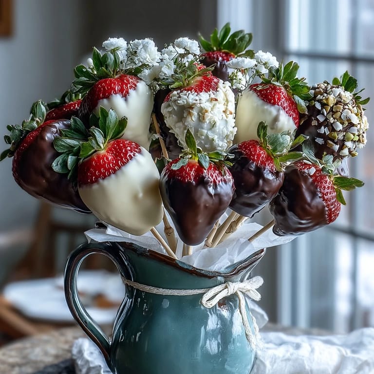 Elegant edible arrangement featuring dark and white chocolate-covered strawberries decorated with nuts and sprinkles.  