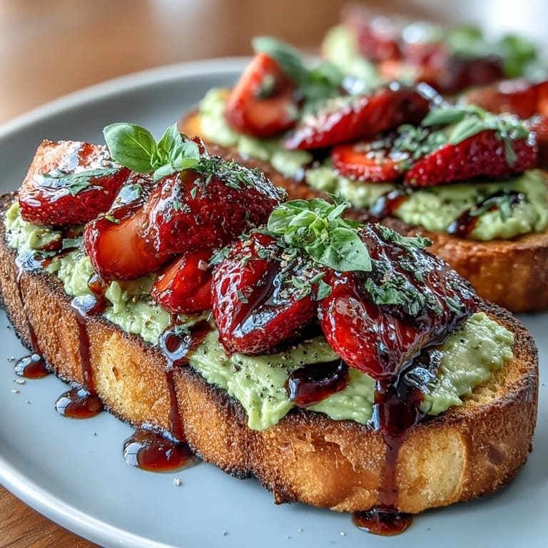 Avocado toast topped with fresh strawberries and drizzled with tangy balsamic glaze, an elegant Galentines brunch recipe for a festive gathering.