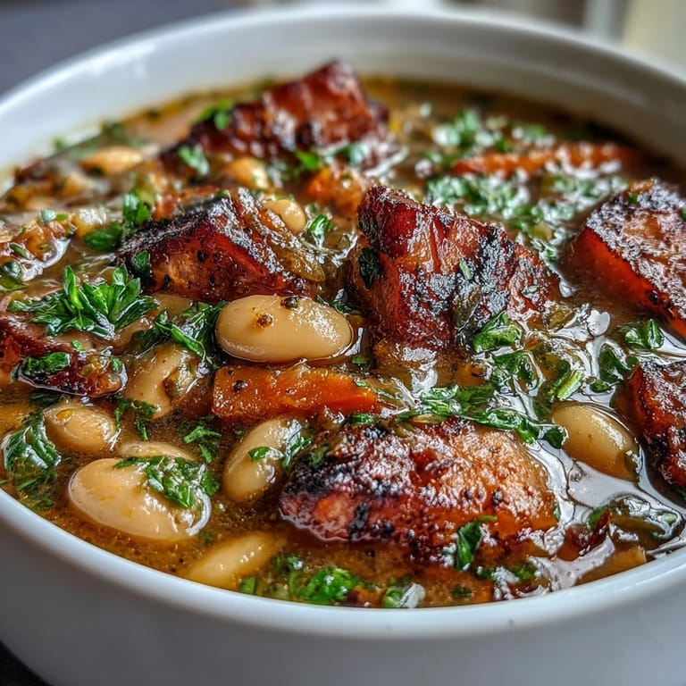 Creamy cannellini beans and diced ham in a rustic Italian stew, garnished with fresh parsley and Parmesan cheese.