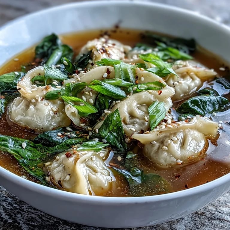 Hearty Asian dumpling soup featuring juicy dumplings, fresh bok choy, and aromatic ginger in a light, savory broth, ideal for chilly evenings.