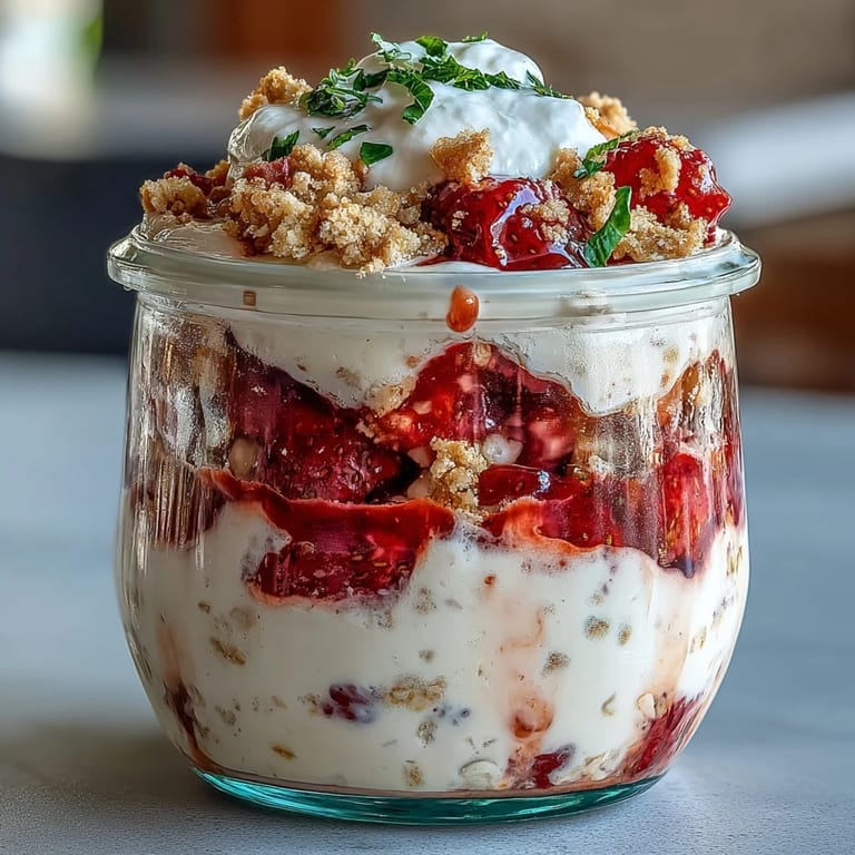 Strawberry shortcake-inspired overnight oats, blending sweet berries, vanilla, and oats for a satisfying, make-ahead morning meal.