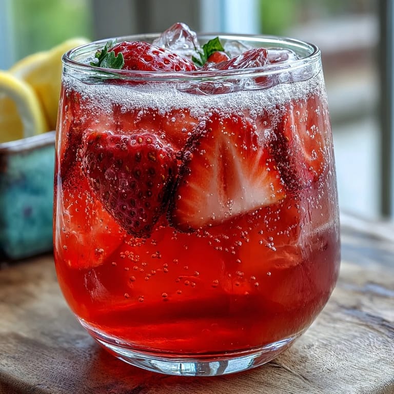 Bright and bubbly strawberry lemonade mocktail featuring fresh berries, zesty lemon, and chilled sparkling water—ideal for light, healthy summer refreshment.