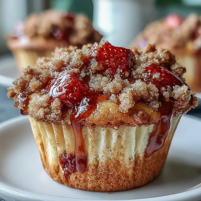 Buttery crumb-topped strawberry sourdough muffins, soft and tangy with juicy fruit in every bite, perfect for breakfast.