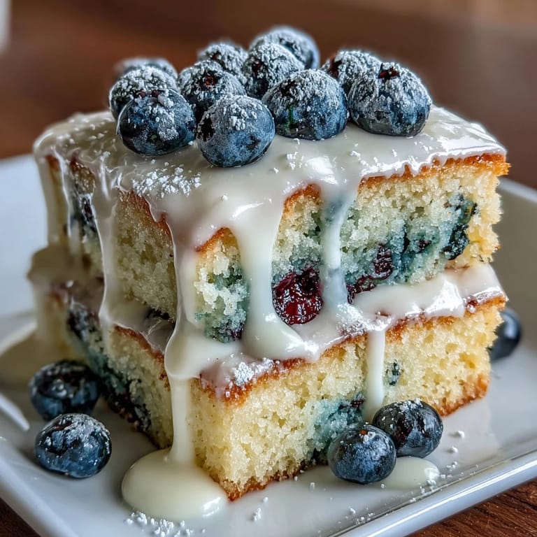 Fresh blueberry and lemon sheet cake with a smooth, citrusy glaze, ideal for festive celebrations.