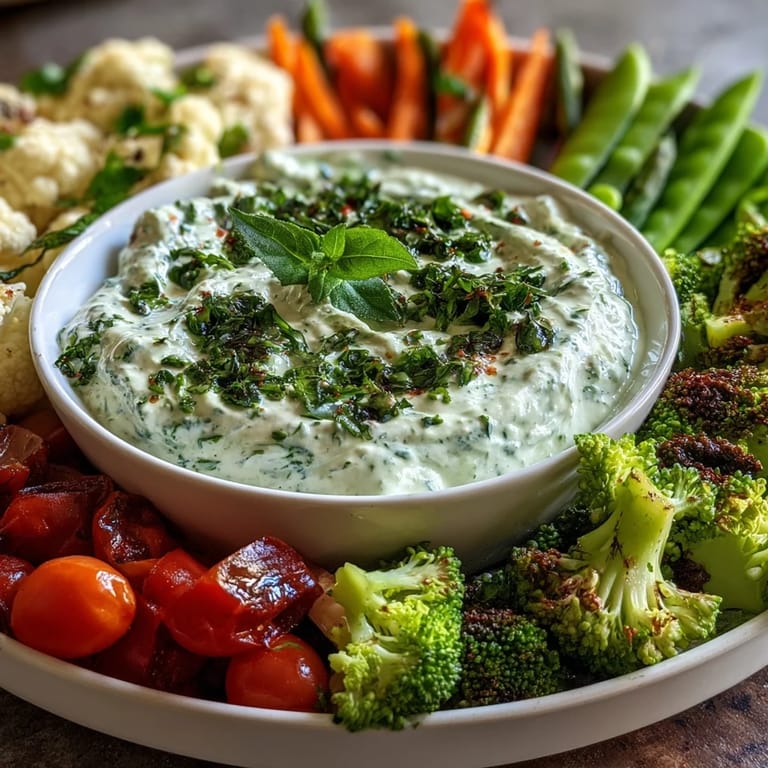 Fresh broccoli, cauliflower, and cherry tomatoes served with a rich, herb-packed Green Goddess dip for wholesome snacking.
