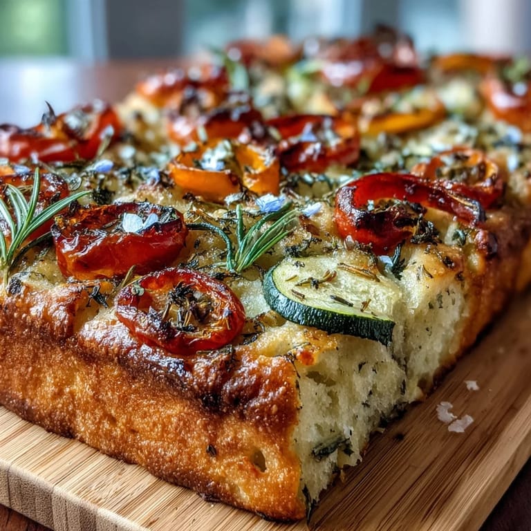 Artful herb focaccia topped with colorful bell pepper rings, cherry tomatoes, and edible flowers, creating a stunning floral garden on bread.