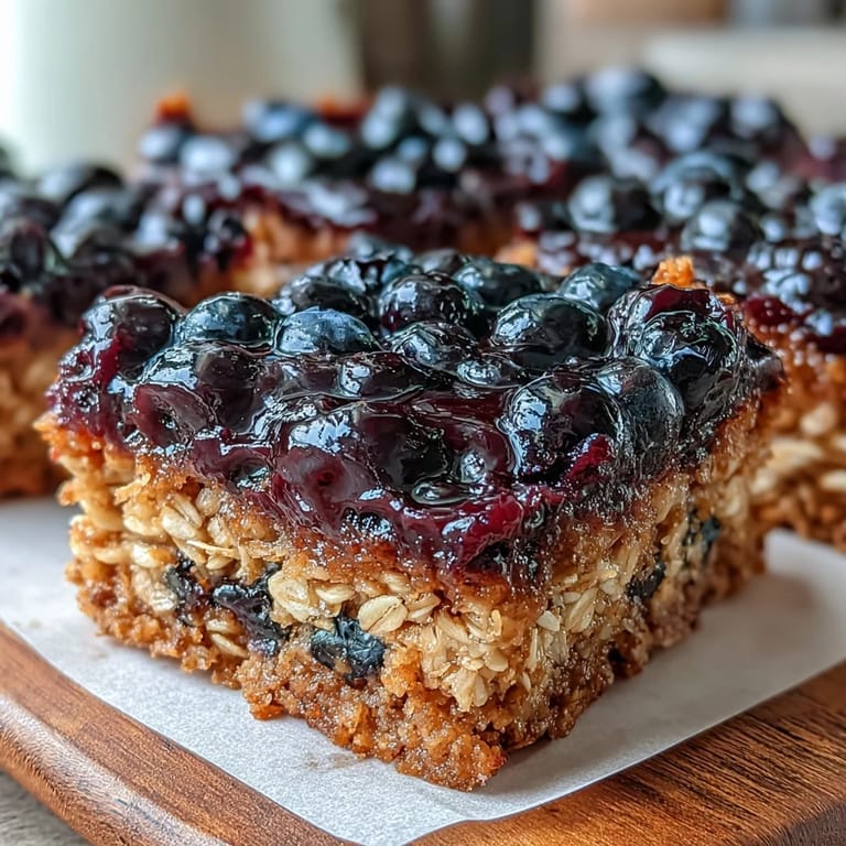 Golden-baked blueberry oat breakfast bars featuring a crumbly oat topping over a sweet berry filling, great for snacks or lunchbox treats.