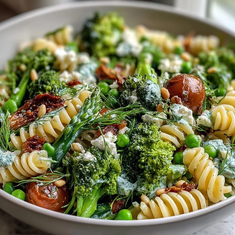 Bright and vibrant spring pasta salad with al dente pasta, garden vegetables, and a tangy lemon-Dijon dressing, perfect for picnics.