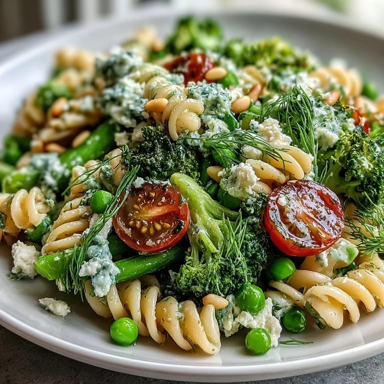 Colorful garden pasta salad featuring tender fusilli, crisp broccoli florets, sweet peas, and juicy cherry tomatoes for a refreshing meal.  