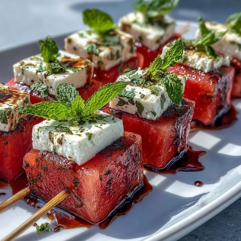 Refreshing summer appetizer of watermelon feta skewers drizzled with olive oil and balsamic glaze, garnished with vibrant mint leaves.  