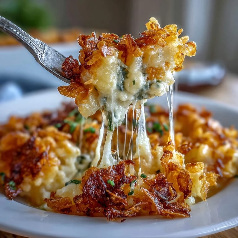 Spicy and cheesy funeral potatoes with tender hash browns, jalapeños, and bubbling cheddar cheese.