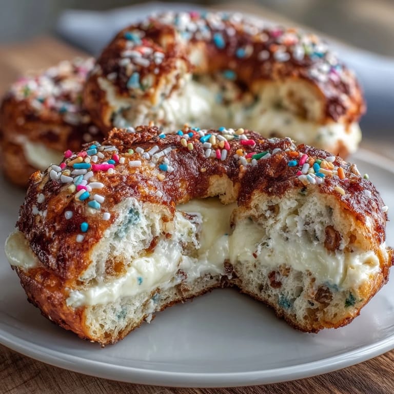 Golden-baked protein bagels bursting with rainbow sprinkles and vanilla cake flavor, topped with a glossy egg wash and extra colorful sprinkles.