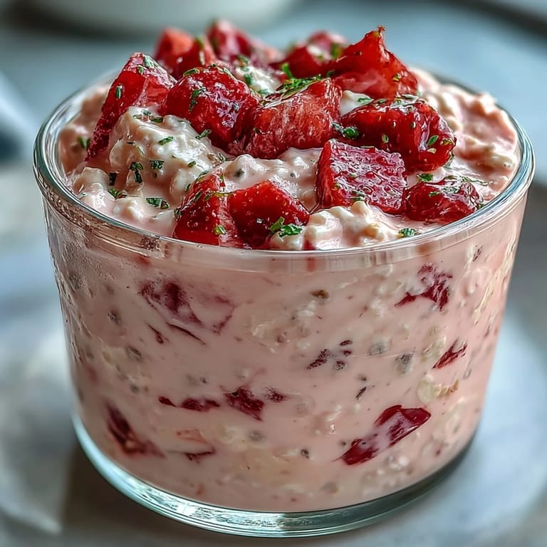 Vibrant strawberry lemonade overnight oats topped with juicy berries and crunchy poppy seeds, perfect for summer mornings.  