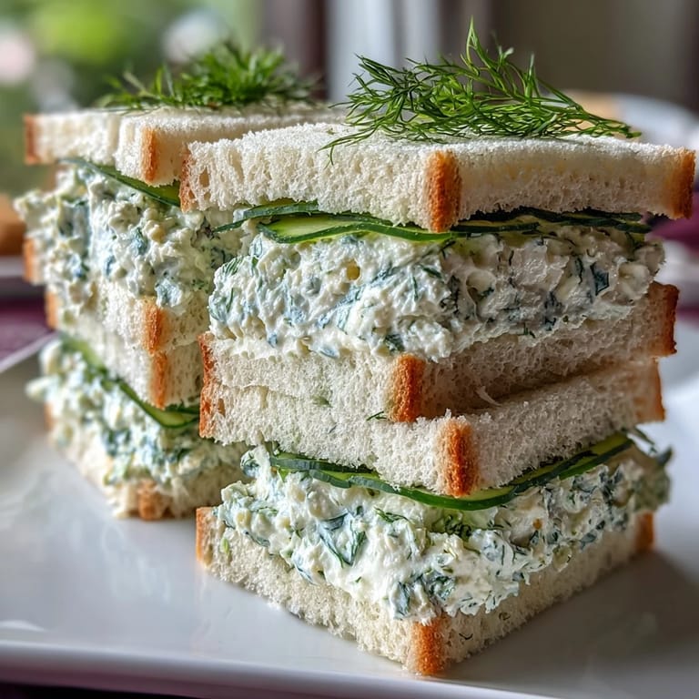 Creamy cucumber and fresh herb Benedictine tea sandwiches garnished with thin cucumber slices and dill sprigs for a Southern classic.
