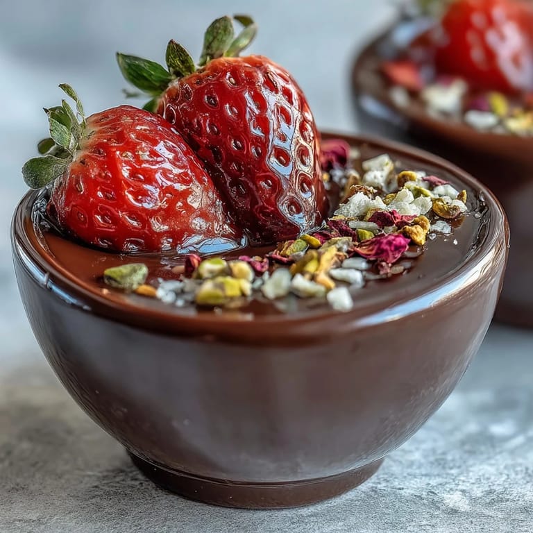Middle Eastern-inspired chocolate cups with juicy strawberries, aromatic orange zest, and golden caramelized pistachio topping.