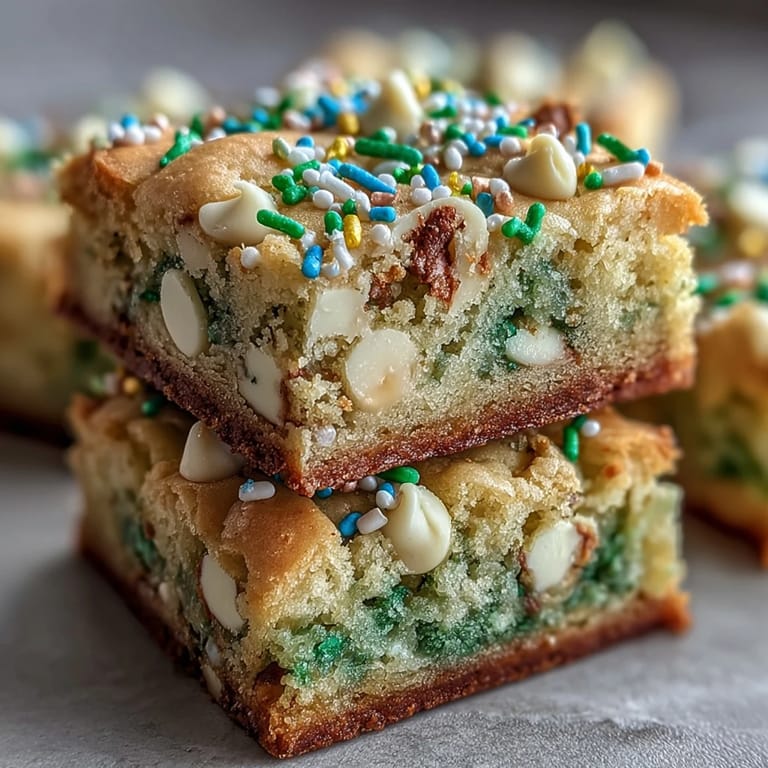 Layered buttery cookie bars filled with white chocolate chips and vibrant rainbow sprinkles, perfect for St. Patrick's Day celebrations.  
