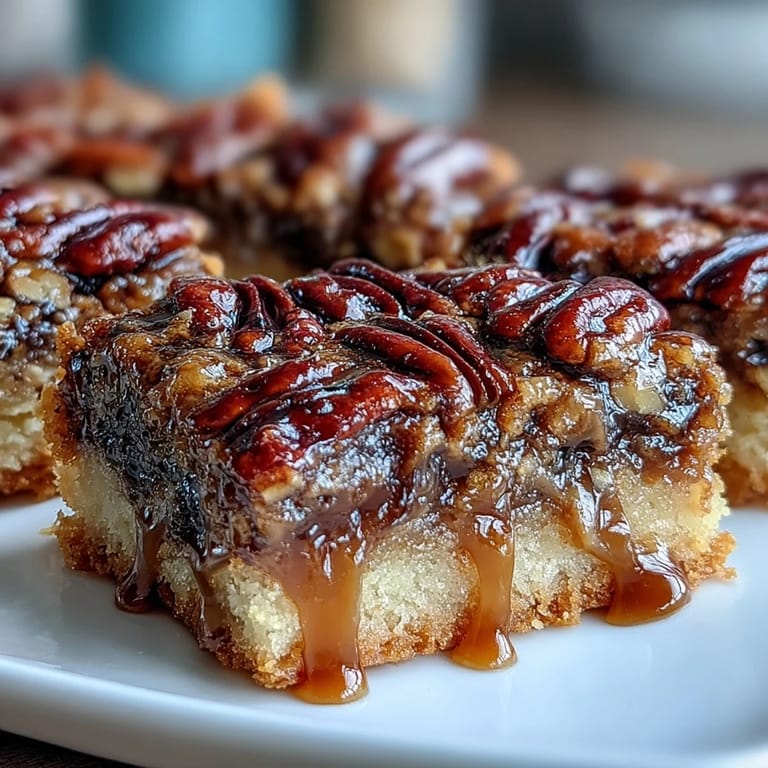 Classic Southern pecan pie bars with bourbon-kissed filling and rich brown sugar crust, served on a white platter with scattered pecan halves for a festive Kentucky Derby dessert.