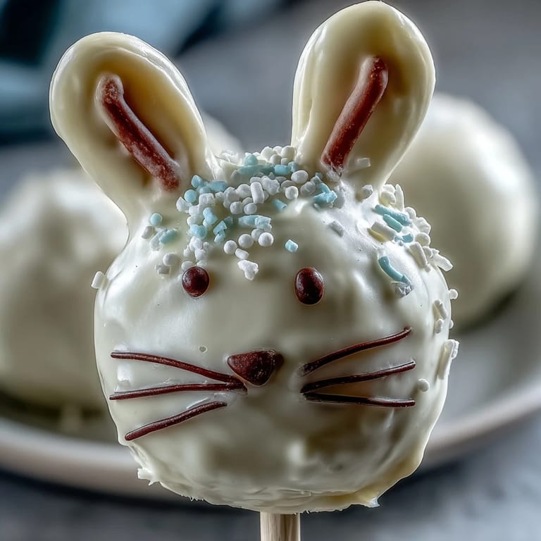 Cute Easter Bunny Cake Pops coated in smooth white chocolate with pink candy ears and marshmallow tails.