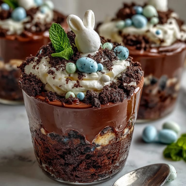 Creative Easter Bunny Dirt Cups featuring chocolate pudding, cookie dirt, and bunny candies for a delightful kids' party dessert.