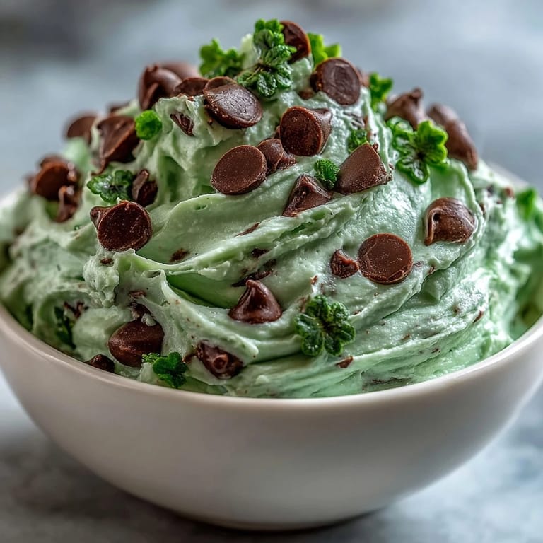 Cool and creamy St. Patrick's Day dessert dip with mini chocolate chips and festive green coloring, served with cookies for dipping.