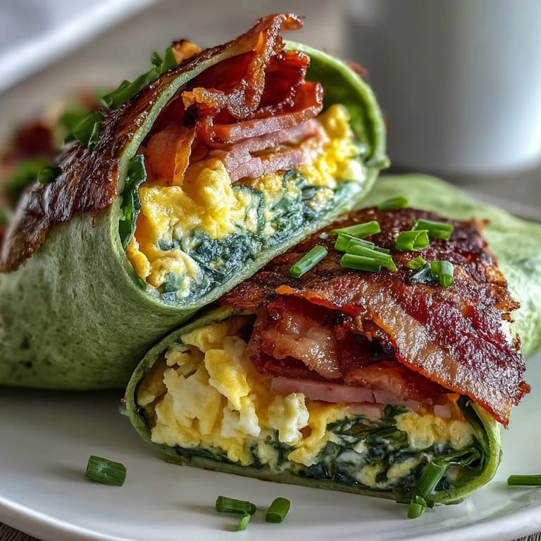 Wholesome breakfast wraps filled with creamy scrambled eggs, diced ham, and herbs, wrapped in a bright spinach tortilla.