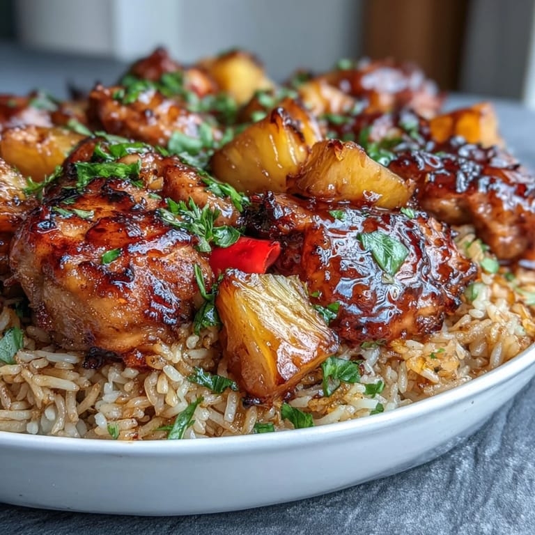 Sweet-savory pineapple chicken casserole with colorful bell peppers, fluffy rice, and rich teriyaki sauce, perfect for a comforting family dinner.