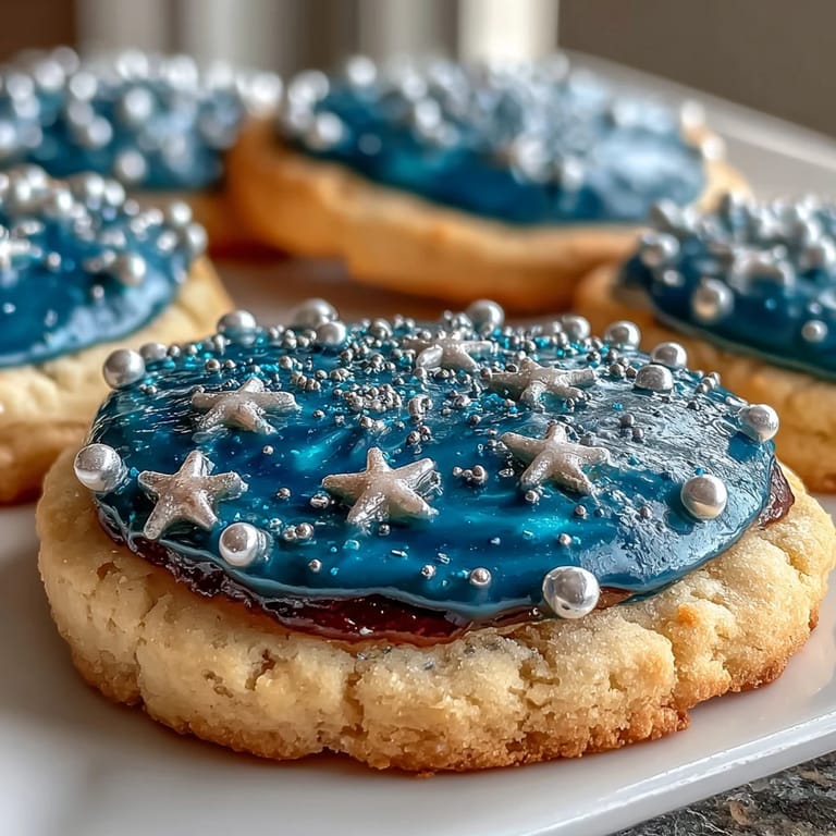 Shimmering Pisces constellation sugar cookies with blue icing and gold star-shaped sprinkles, a celestial treat for dessert lovers.