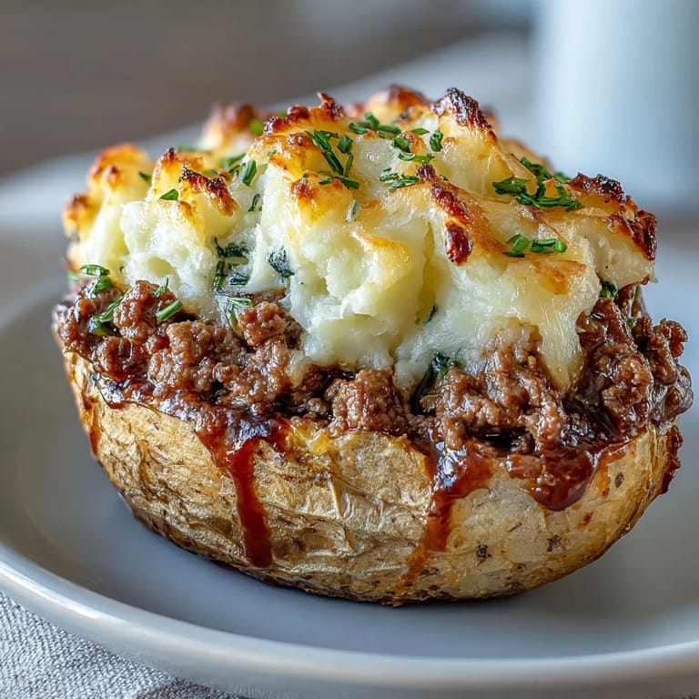 Golden-baked potatoes loaded with hearty ground beef and vegetable filling, finished with fluffy mashed potato topping.