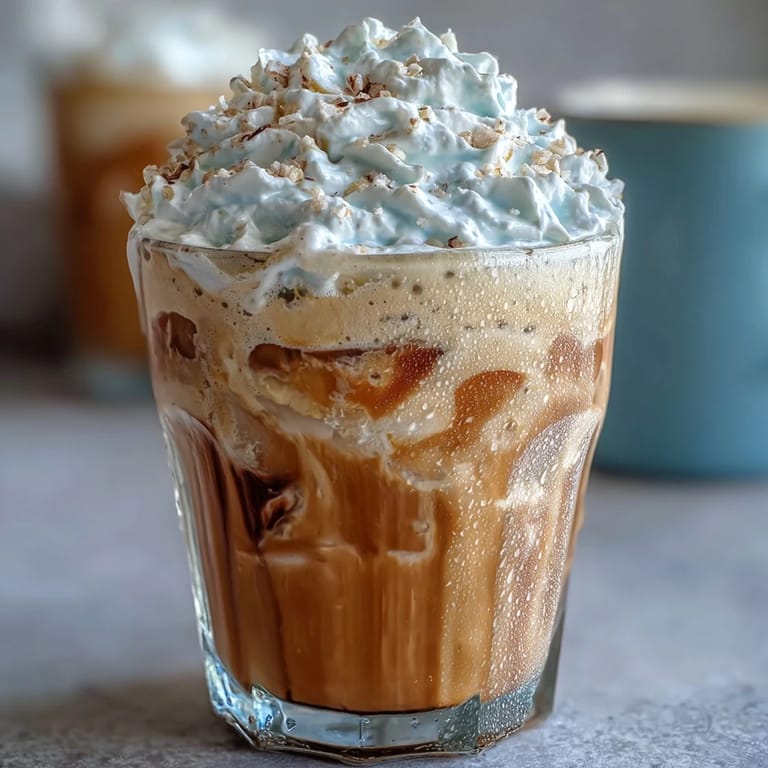 Two glasses of creamy iced coffee blended with real vanilla bean, garnished with luscious coconut whipped cream and dark chocolate shavings.