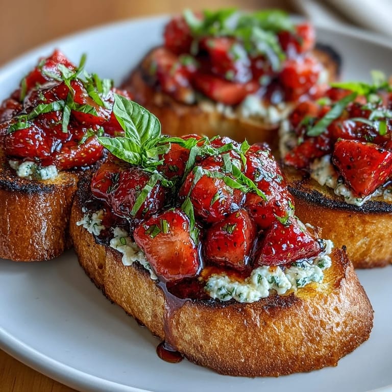 Golden toasted baguette slices topped with creamy goat cheese, diced strawberries, and fresh basil for a sweet-savory bite.  