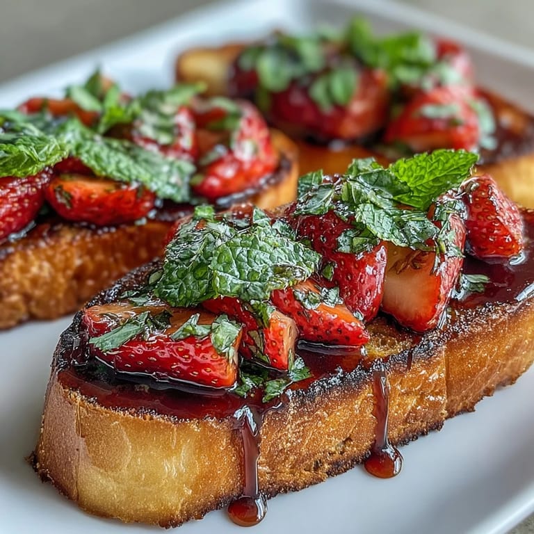 Colorful strawberry bruschetta appetizer featuring sweet fruit, fresh mint, and balsamic reduction on crisp, garlic-rubbed baguette toasts.