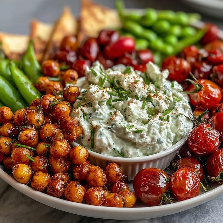 Vibrant spring vegetable platter with radishes, peas, and herb dip, ideal for garden parties and healthy snacking.