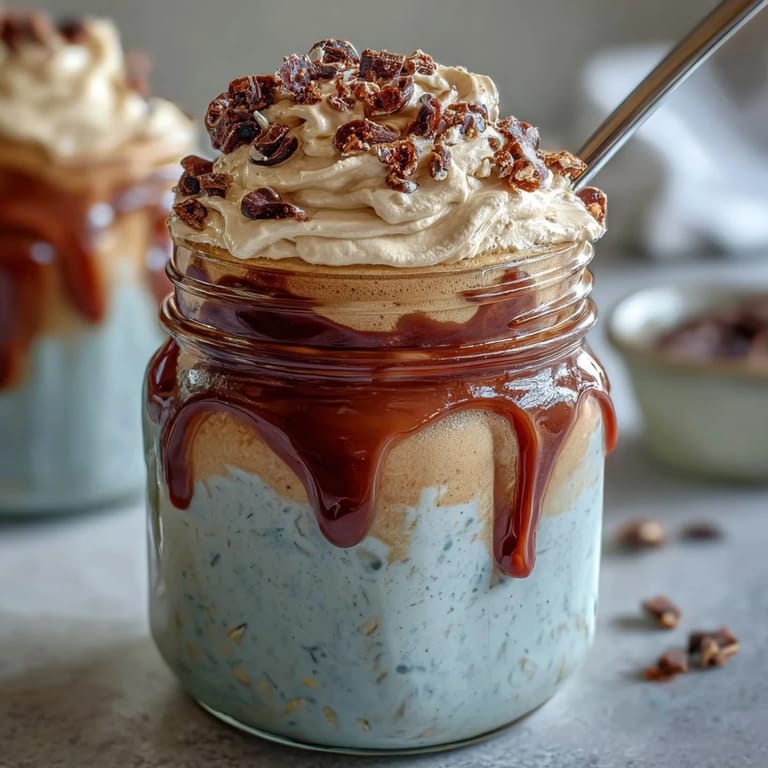 Vanilla bean frappuccino overnight oats in a glass jar, layered with coffee and vanilla bean, chilled for a refreshing breakfast.