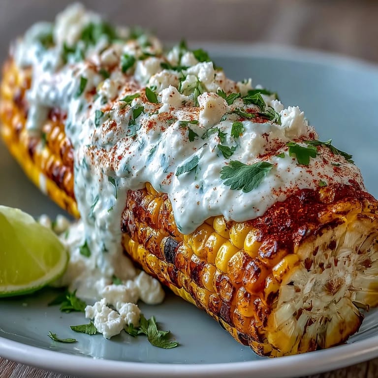 Golden corn cobs brushed with creamy sauce, generously topped with Cotija cheese, chili powder, and a sprinkle of smoked paprika for a zesty finish.