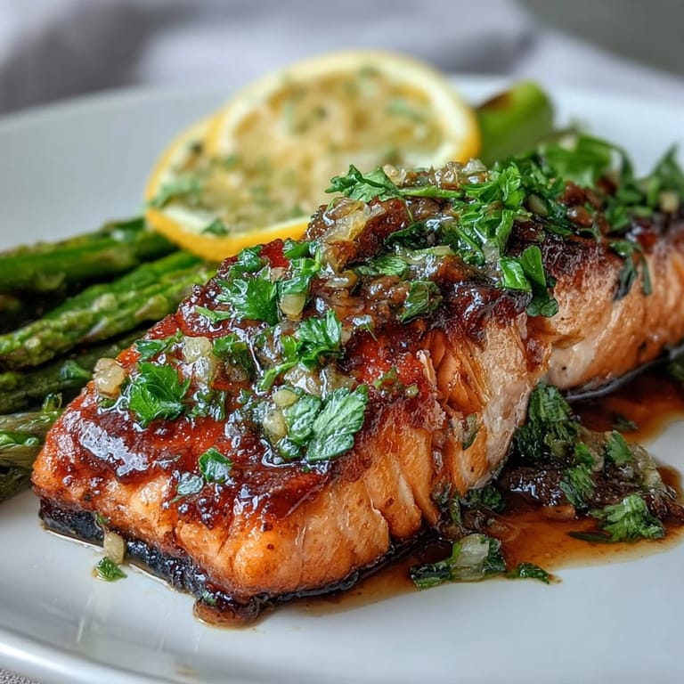 Pan-seared salmon fillets with crisp asparagus, bathed in fragrant garlic butter, garnished with fresh parsley and lemon slices.