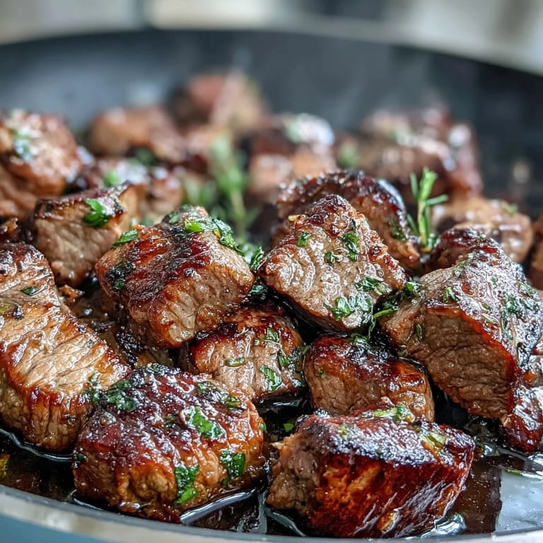 Sizzling garlic herb steak bites served in a cast iron skillet, bursting with flavor from fresh parsley and thyme.