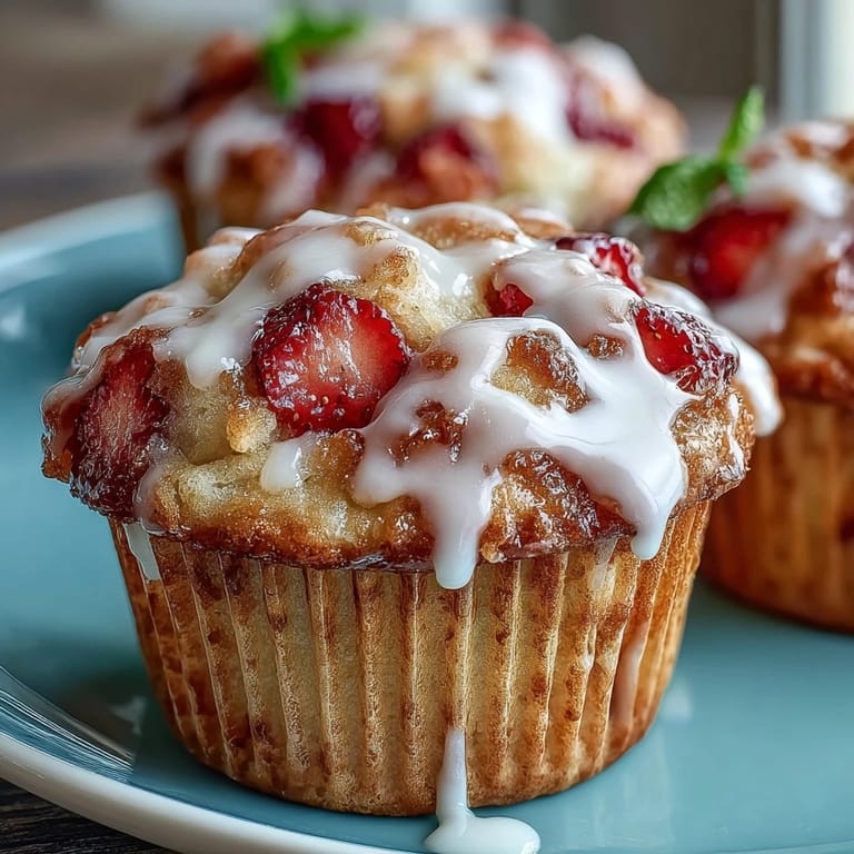 Fresh strawberry and lemon muffins with a delicate crumb, drizzled with a citrus glaze for a refreshing, bakery-style finish.