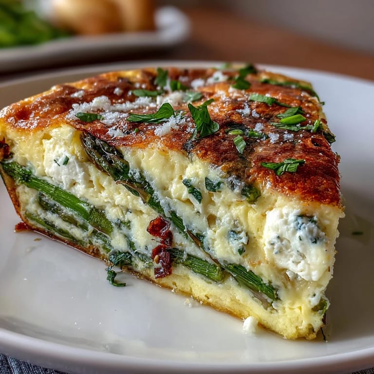 Golden-baked frittata with vibrant green asparagus, fresh herbs, and tangy goat cheese, served hot from the oven for an elegant spring brunch centerpiece.