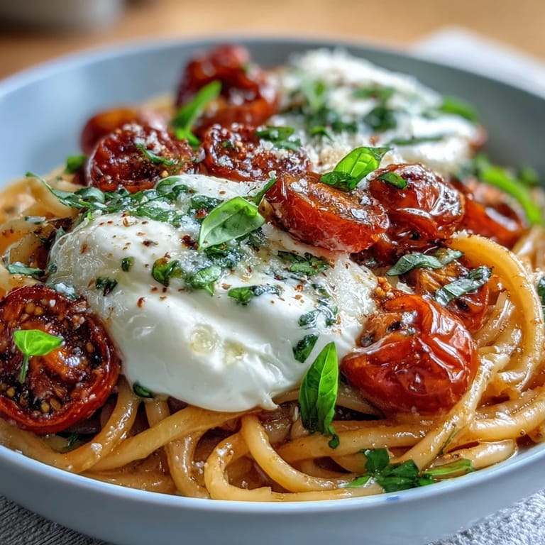 Close-up of caprese pasta with burrata, showcasing vibrant tomatoes, fresh herbs, and rich, creamy cheese topping.