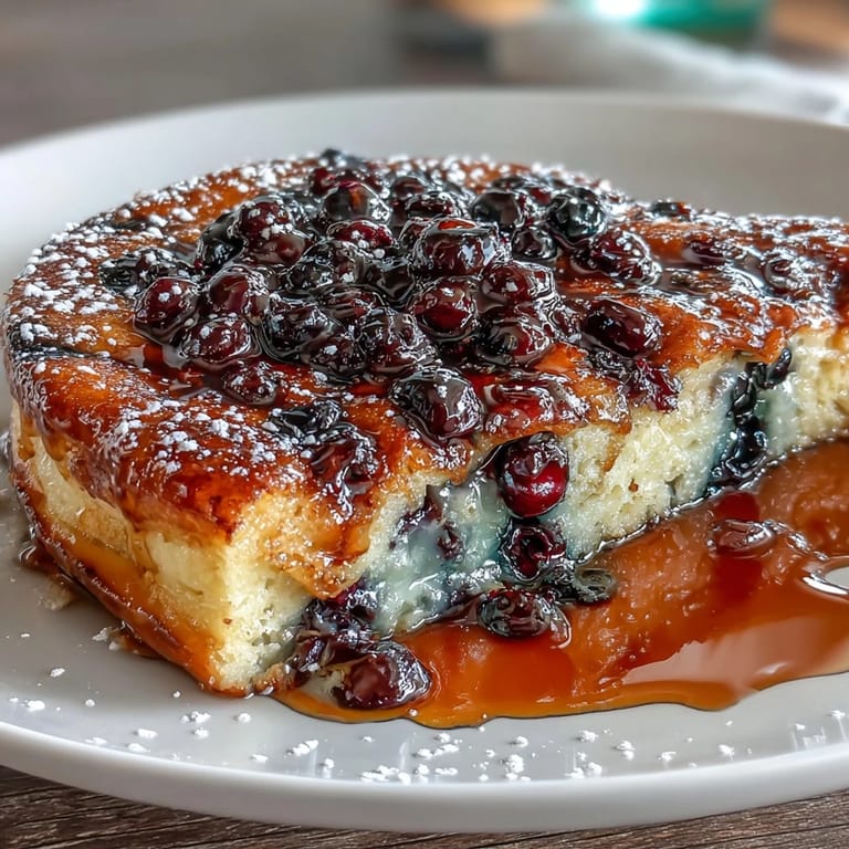 Warm oven-baked blueberry pancake casserole topped with a crunchy sugar crust, ideal for serving a crowd at breakfast gatherings.
