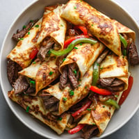 A plate of keto Philly cheesesteak roll ups.