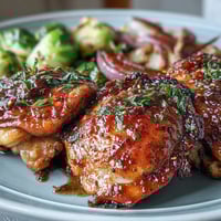 Golden-brown Sheet Pan Honey Mustard Chicken with Brussels Sprouts roasted with red onion wedges.