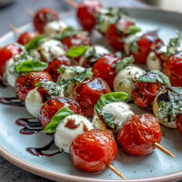 Colorful Picnic Caprese Skewers with juicy cherry tomatoes, creamy mozzarella, and fresh basil, drizzled with sweet balsamic glaze.  