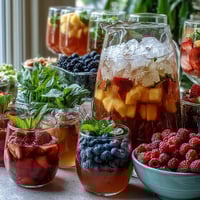 Vibrant summer party lemonade bar with DIY flavor mix-ins, fresh fruit, herbs, and syrups for customizable refreshing drinks.  