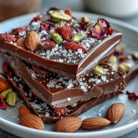 Dubai Chocolate Strawberry Bark with Pistachios and Almonds, a luxurious treat featuring rich dark chocolate, dried strawberries, and crunchy nuts.