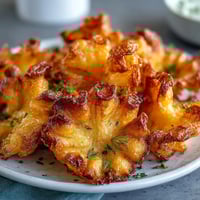 Crispy dandelion fritters with herb dipping sauce, golden and delicate, served on a rustic wooden platter.  