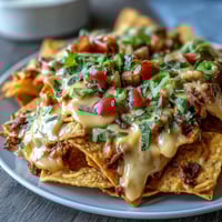 A big tray of soccer game day nachos with melted cheese sauce and fresh toppings for sharing.  