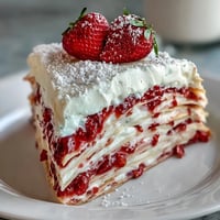 A gorgeous layered strawberry crepe cake with delicate crepes and fresh strawberries.  